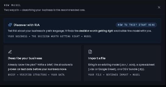 The New Model launcher: Discover with RIA, Describe your business, Import a file